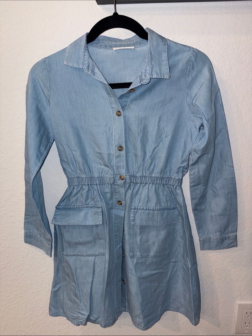 Light Blue Long-Sleeve Denim Shirt Dress with Elastic in the waist